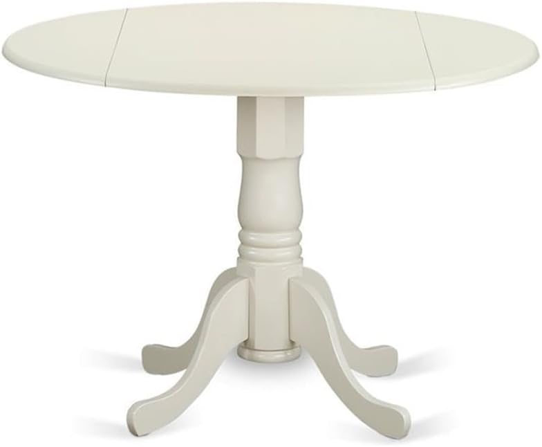 East West Furniture DLBO3-LWH-LC 3 Piece Modern Dining Table Set Contains a Round Wooden Table with Dropleaf and 2 Faux Leather Kitchen Dining Chairs, 42x42 Inch, Linen White