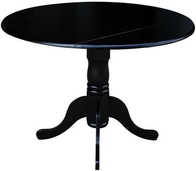 IC International Concepts, 42' Round Dual Drop Leaf Pedestal Dining Table, Solid Wood, Real Parawood, 42' W x 42' D x 29.5' H, Easy Assembly, Black