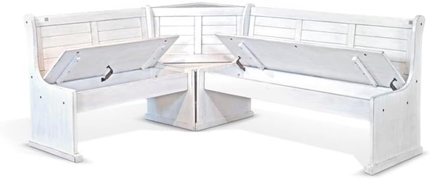 Pemberly Row 75' x 56' Farmhouse Wood Breakfast Nook Set with Table, Storage, Reversable Benche, L-Shaped Corner Bench, for Dining Room, in Marble White Finish