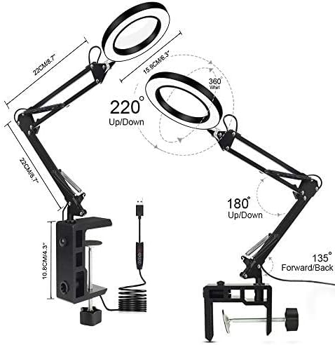 Magnifier Desktop Magnifying Lamp with Clamp Dimmable Glass Light Lens Adjustable Swivel Arm Robust Base High Clarity for Sewing magnifiers
