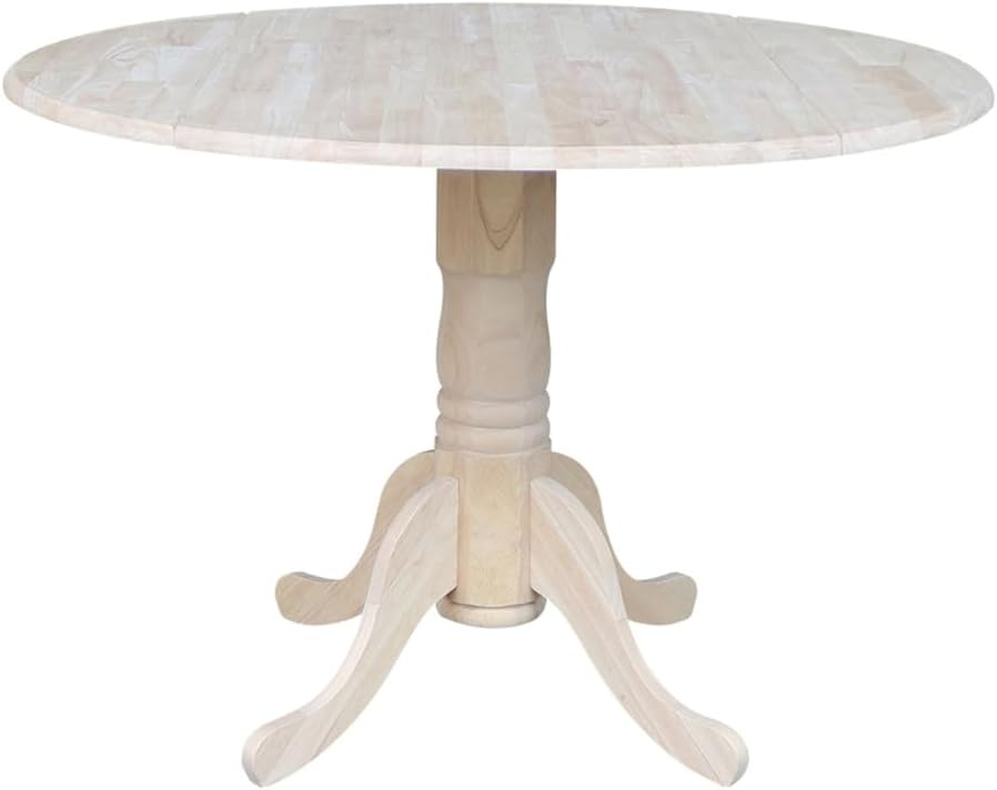 IC International Concepts, Round Dual Drop Leaf Pedestal Dining Table, Solid Real Wood, Sturdy Parawood, Dimensions 42'D x 42'W x 29.5'H, 40lbs Capacity, Paint/Stain Ready, Unfinished