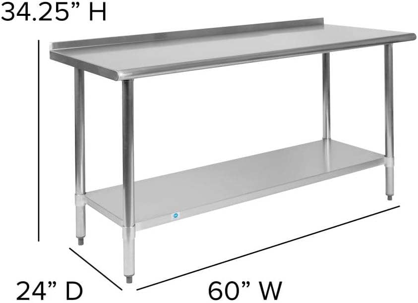 Flash Furniture Reese NSF Certified Stainless Steel Kitchen Prep and Work Table, Commercial Work Table with Storage, 60'W x 24'D x 36'H, Silver
