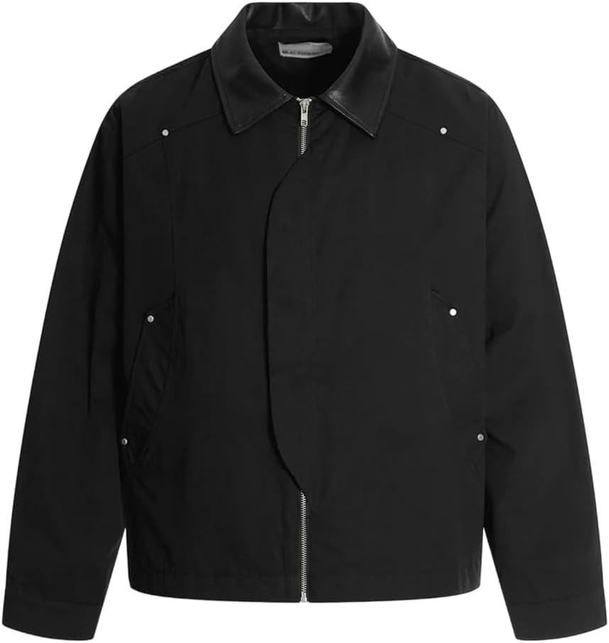 Fnfmrfmr Mens Black Cargo Jacket Spliced Rivet Retro Loose Lapel Long Sleeve Casual Outerwear