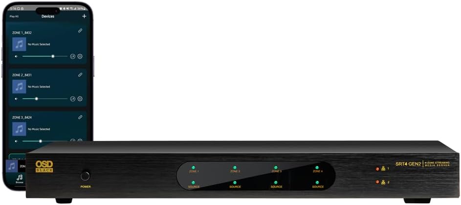 OSD Audio SRT4 GEN2 App Control 4 Zone Media Streamer, iOS or Android App, Airplay Compatible, 12V Trigger