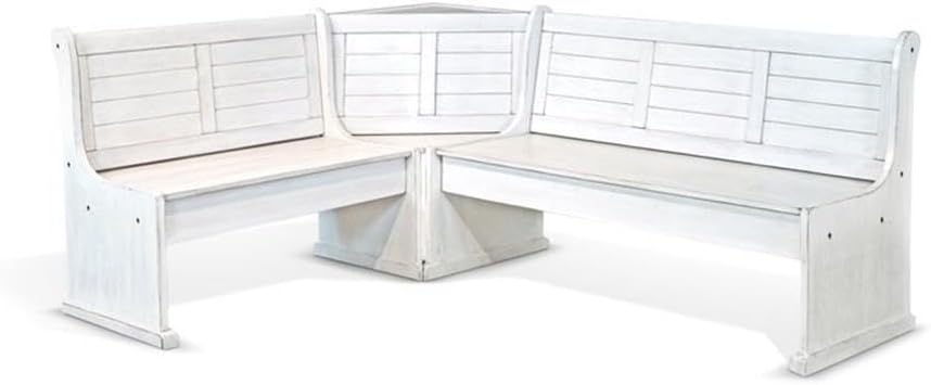 Pemberly Row 75' x 56' Farmhouse Wood Breakfast Nook Set with Table, Storage, Reversable Benche, L-Shaped Corner Bench, for Dining Room, in Marble White Finish