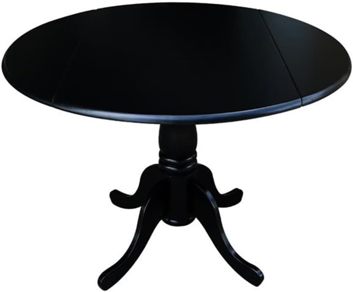 IC International Concepts, 42' Round Dual Drop Leaf Pedestal Dining Table, Solid Wood, Real Parawood, 42' W x 42' D x 29.5' H, Easy Assembly, Black