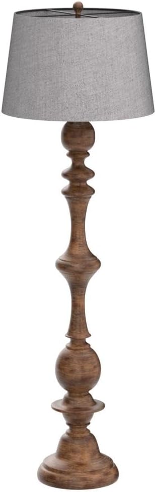 JONATHAN Y 67' Brown Spindled Resin LED Floor Lamp, Rustic Farmhouse Faux Bois Standing Lamp, Gray Linen Drum Shade for Living Room, Bedroom, LED Bulb Included, UL Listed JYL3000A