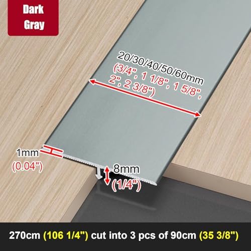 Matte Black T-Shape Floor Transition Strip Set of 3 - Aluminum Alloy Molding for Wood to Tile, 60mm (2 3/8') Threshold Gap Cover for Doorways, Durable Trim Solution