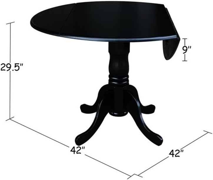 IC International Concepts, 42' Round Dual Drop Leaf Pedestal Dining Table, Solid Wood, Real Parawood, 42' W x 42' D x 29.5' H, Easy Assembly, Black