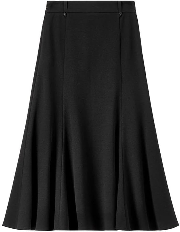 Womens Black Midi Skirt High Waisted Knit A Line Midi Skirt with Rivet Decoration Hem Ol Style