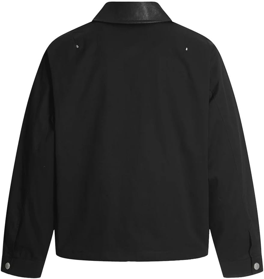 Fnfmrfmr Mens Black Cargo Jacket Spliced Rivet Retro Loose Lapel Long Sleeve Casual Outerwear