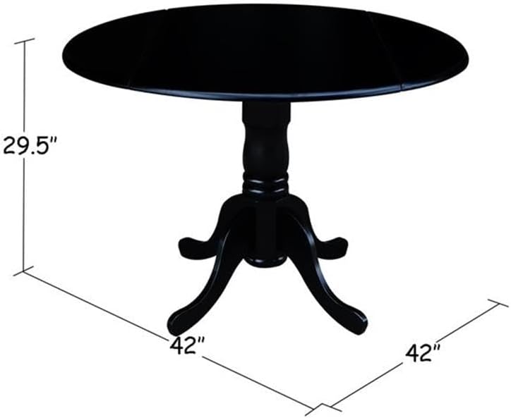 IC International Concepts, 42' Round Dual Drop Leaf Pedestal Dining Table, Solid Wood, Real Parawood, 42' W x 42' D x 29.5' H, Easy Assembly, Black