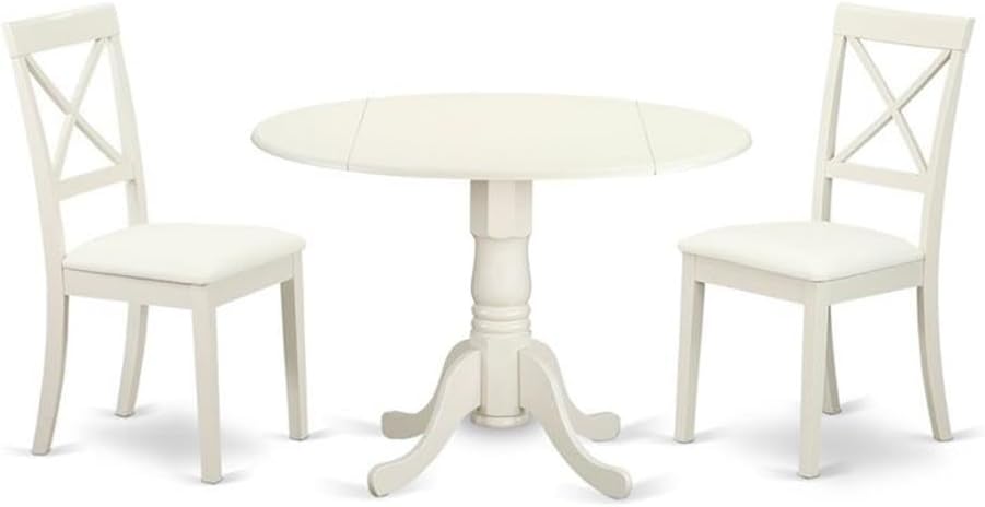 East West Furniture DLBO3-LWH-LC 3 Piece Modern Dining Table Set Contains a Round Wooden Table with Dropleaf and 2 Faux Leather Kitchen Dining Chairs, 42x42 Inch, Linen White