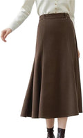 Womens Black Midi Skirt High Waisted Knit A Line Midi Skirt with Rivet Decoration Hem Ol Style