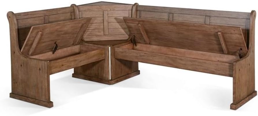 Pemberly Row 75' x 56' Farmhouse Wood Breakfast Nook Set with Table, Lift Seats, Hidden Storage, Reversible Benches, for Small Spaces, in Buckskin/Taupe Brown Finish