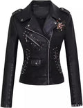 Women Lapel Rivets Decorated Waist Short Washed PU Leather Jacket