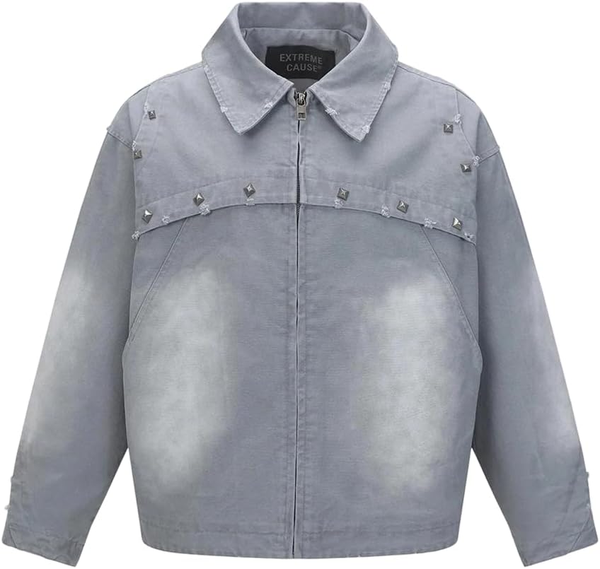 Fulbant Men Metal Rivet High Street American Jacket With Pockets Washed Fall Outerwear Casual Zipper Coat