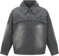 Fulbant Men Metal Rivet High Street American Jacket With Pockets Washed Fall Outerwear Casual Zipper Coat