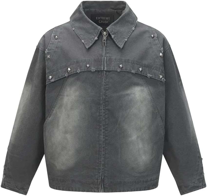 Fulbant Men Metal Rivet High Street American Jacket With Pockets Washed Fall Outerwear Casual Zipper Coat