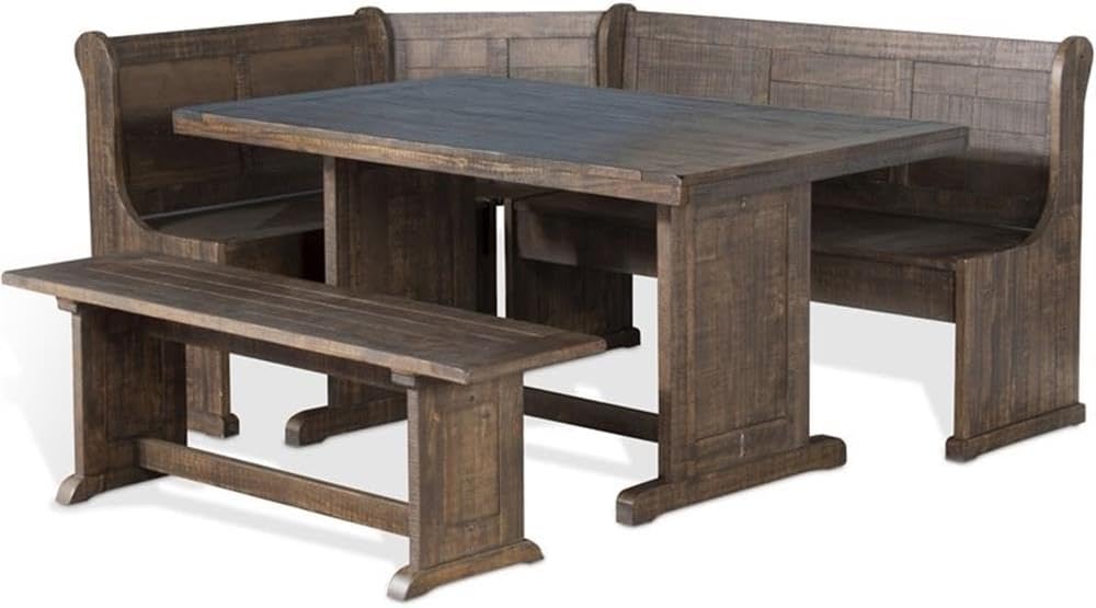 Pemberly Row 3-Piece Farmhouse Wood Breakfast Nook Set with Table, Hidden Storage, Planked Tops, Reversible Seating, in Tobacco Leaf Finish