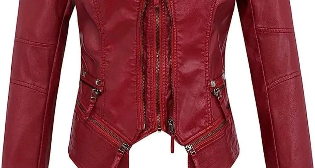 Ladies' Spring and Autumn suit collar, rivet waist, short style, washed PU, slimming and elegant leather jacket
