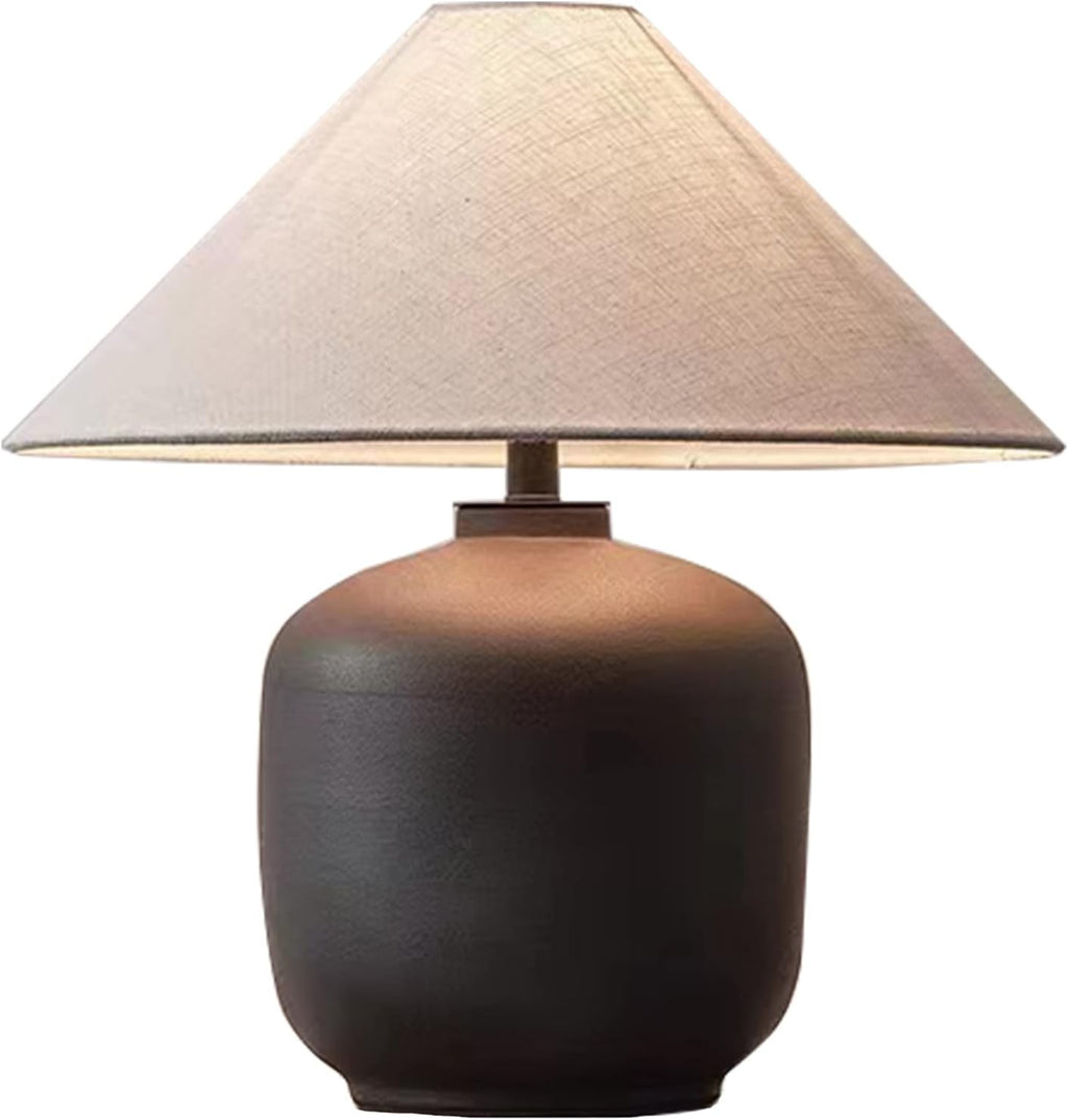 PURESILKS Modern Minimalist Table Lamps, Rustic Farmhouse Ceramic Table Lamp, 16.53' Tall Desk Lamp with Off-Black Linen Drum Lampshade Decor for Living Room Bedroom Bedside Nightstand (Black)