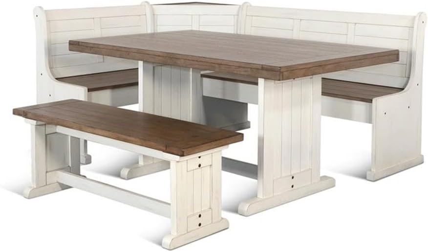 Pemberly Row Dining Set Wood, Rectangular in Off White (36' H x 75' W x 56' D) for Kitchen, Dining Room with Table, Reversable Benches, and Storage Space
