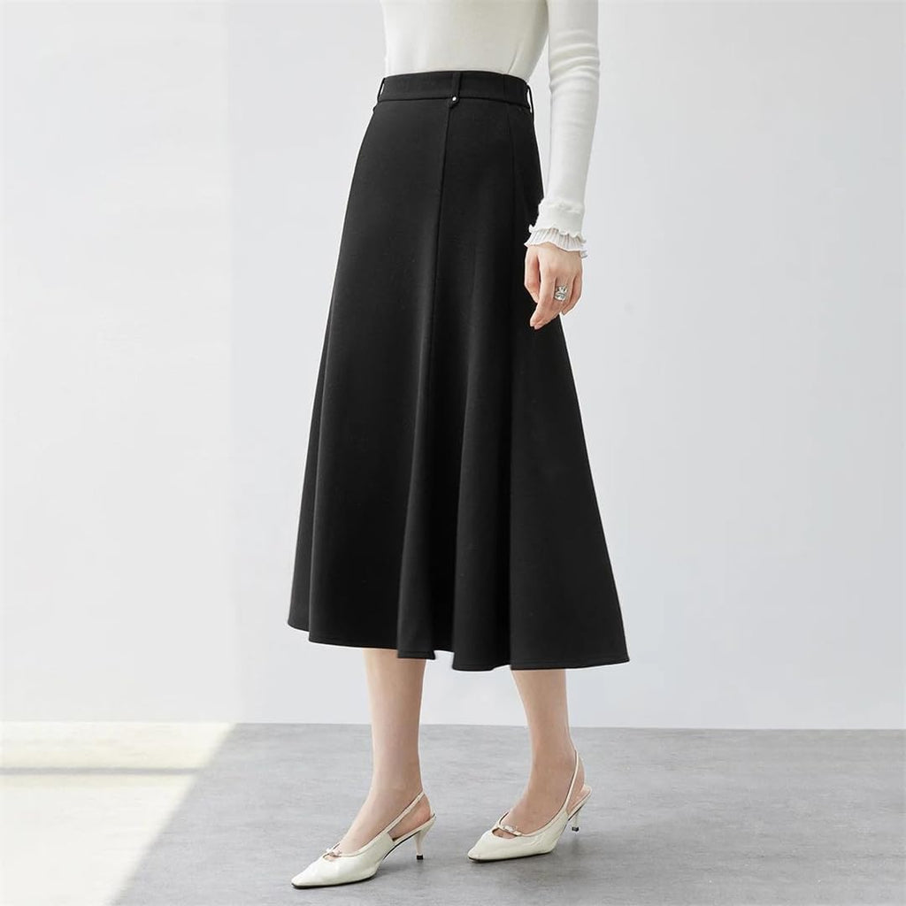 Womens Black Midi Skirt High Waisted Knit A Line Midi Skirt with Rivet Decoration Hem Ol Style