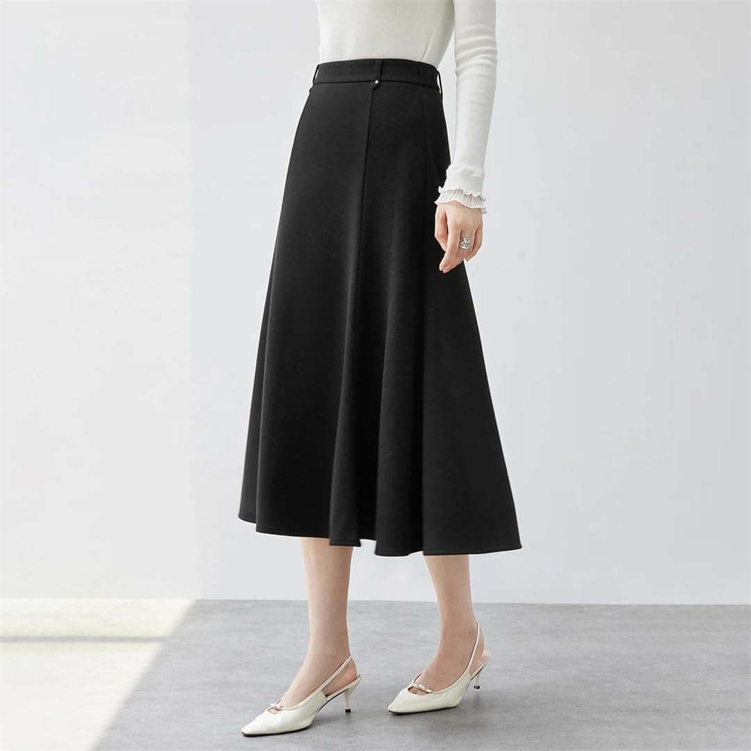 Womens Black Midi Skirt High Waisted Knit A Line Midi Skirt with Rivet Decoration Hem Ol Style