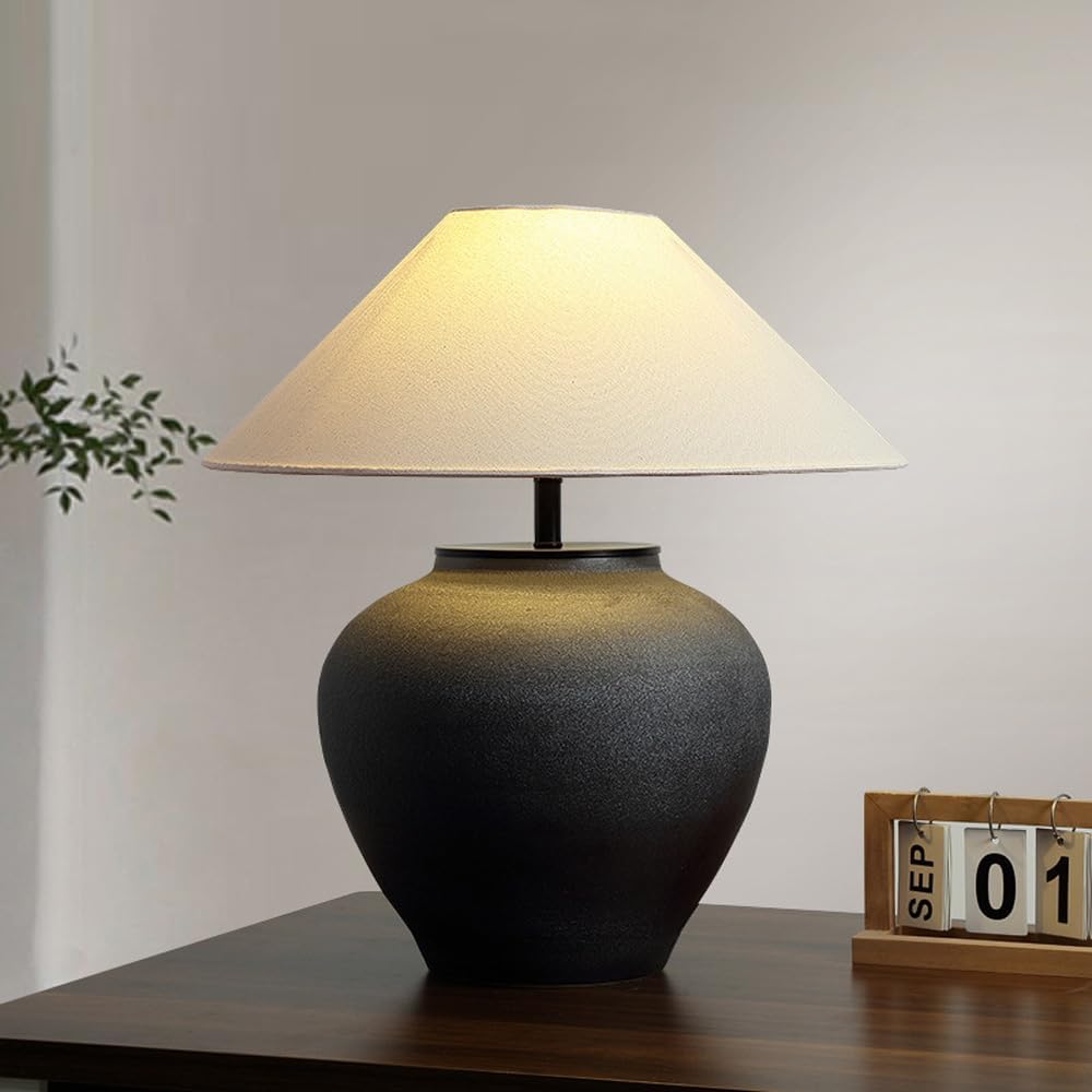 18.8' Black Vintage Distressed Ceramic Pot Table Lamp with Fabric Shade Rustic Farmhouse Table Lamps for Living Room Decorative Bedside Nightstand Lamp for Living Room Hotels Office