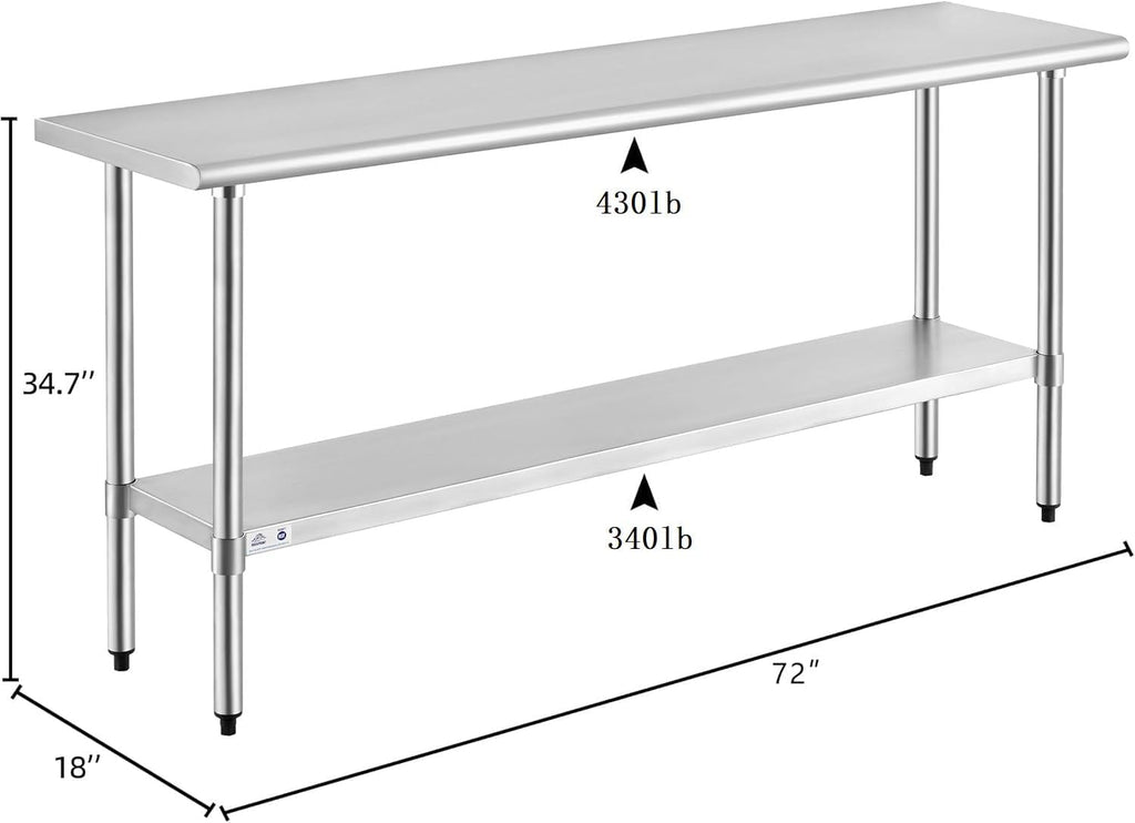 ROCKPOINT Stainless Steel Table for Prep & Work 18x72 Inches, NSF Metal Commercial Kitchen Heavy Duty Table with Adjustable Under Shelf and Table Foot for Restaurant, Home and Hotel