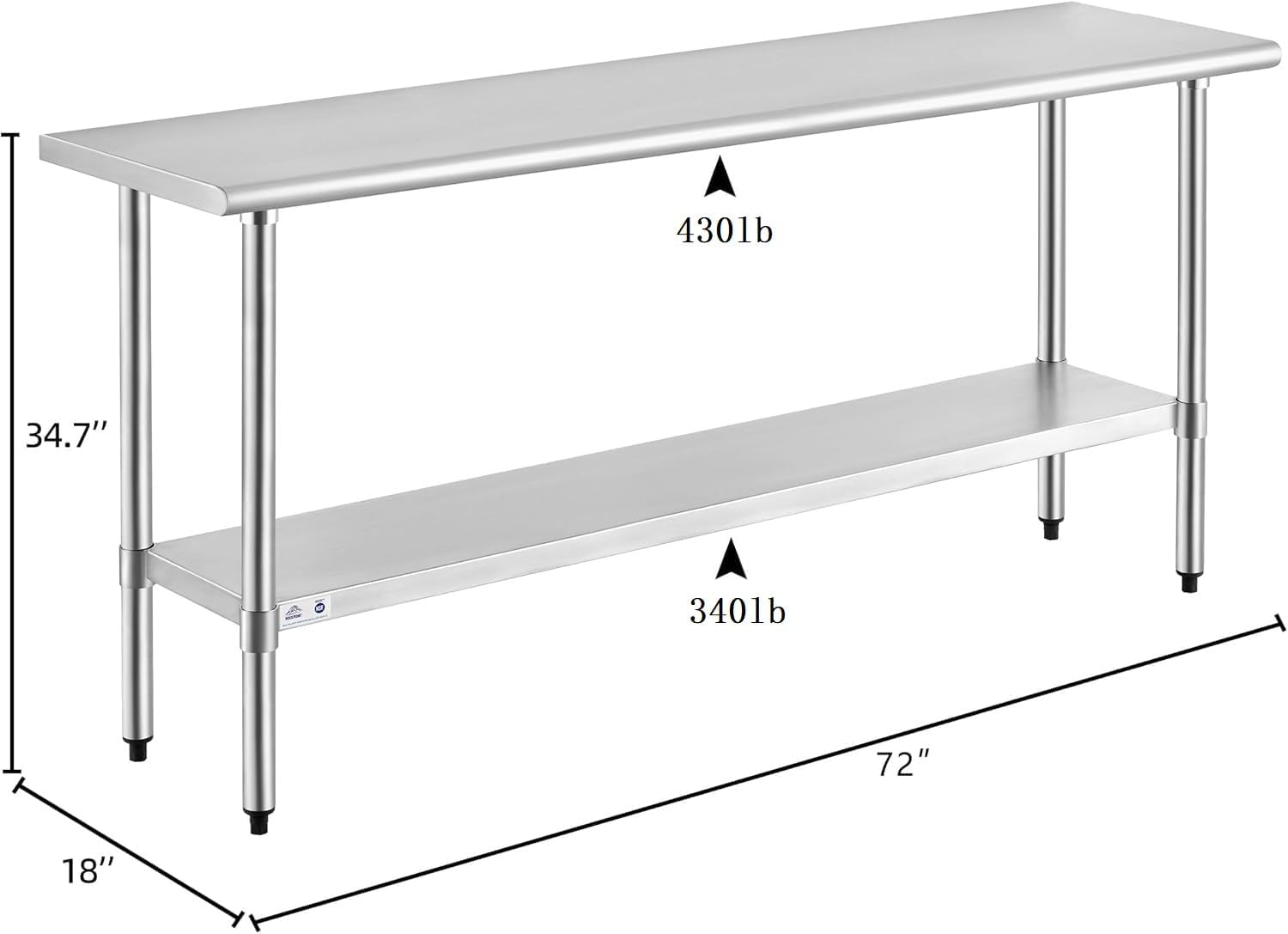 ROCKPOINT Stainless Steel Table for Prep & Work 18x72 Inches, NSF Metal Commercial Kitchen Heavy Duty Table with Adjustable Under Shelf and Table Foot for Restaurant, Home and Hotel