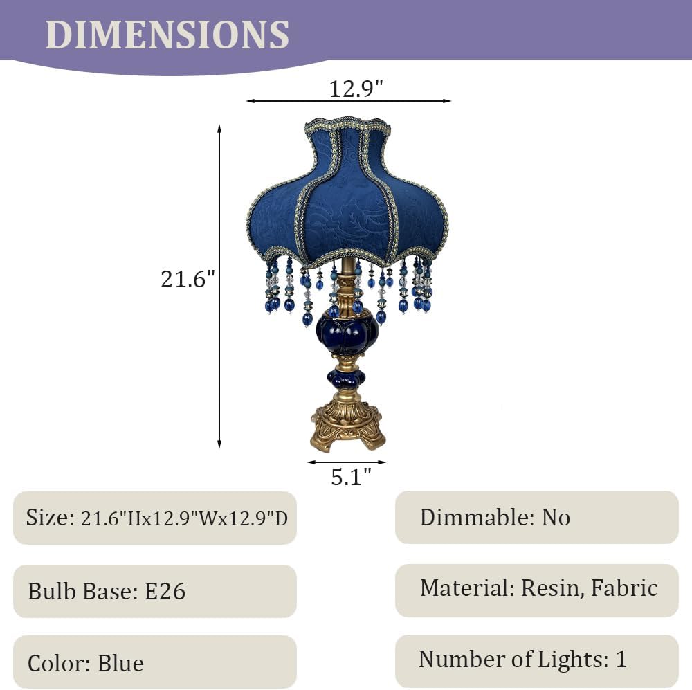 Meefad Victorian Table Lamp, Vintage Bedside Lamp with Beaded Fringe, Handpainted Resin Base, Elegant Night Light Accent Lamp for Bedroom Reading Nightstand (Dark Blue)