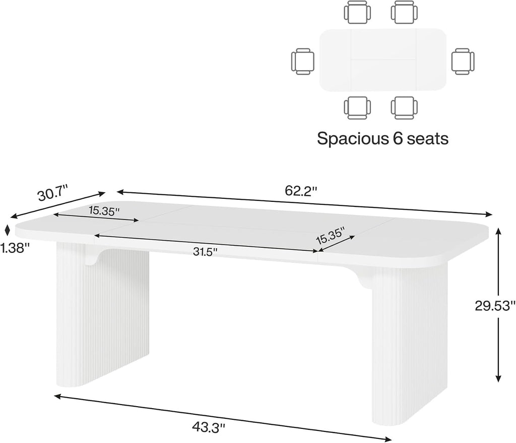 Tribesigns Modern Dining Table for 6 People, 62-Inch Wood Kitchen Table with Double Robust Pedestal, Large Rectangle Wooden Dinner Table for Dining Room (White)