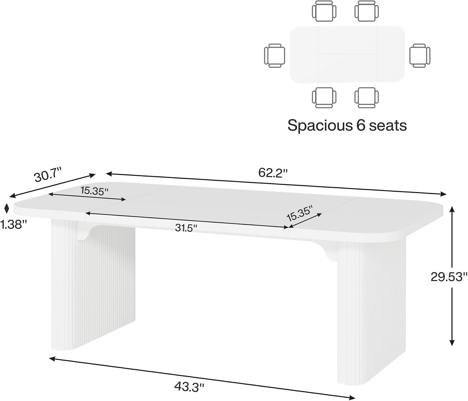 Tribesigns Modern Dining Table for 6 People, 62-Inch Wood Kitchen Table with Double Robust Pedestal, Large Rectangle Wooden Dinner Table for Dining Room (White)