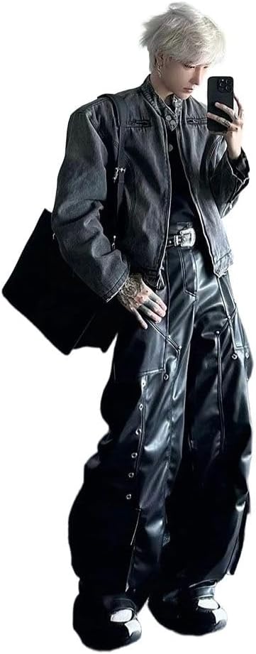 Spring Autumn Long Loose Casual Shiny Pu Leather Pants Men Rivet Wide Leg Trousers Punk Style Streetwear