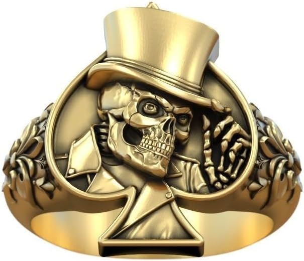 IshaanJewel Flower Design Skeleton Top Hat Men's Ring 14K White Gold Over Skull Playing Card Spades Hat Ring Oxidized 925 Silver Handcrafted Card Game Symbol Style Ace of Spades Jewelry Gift For Him