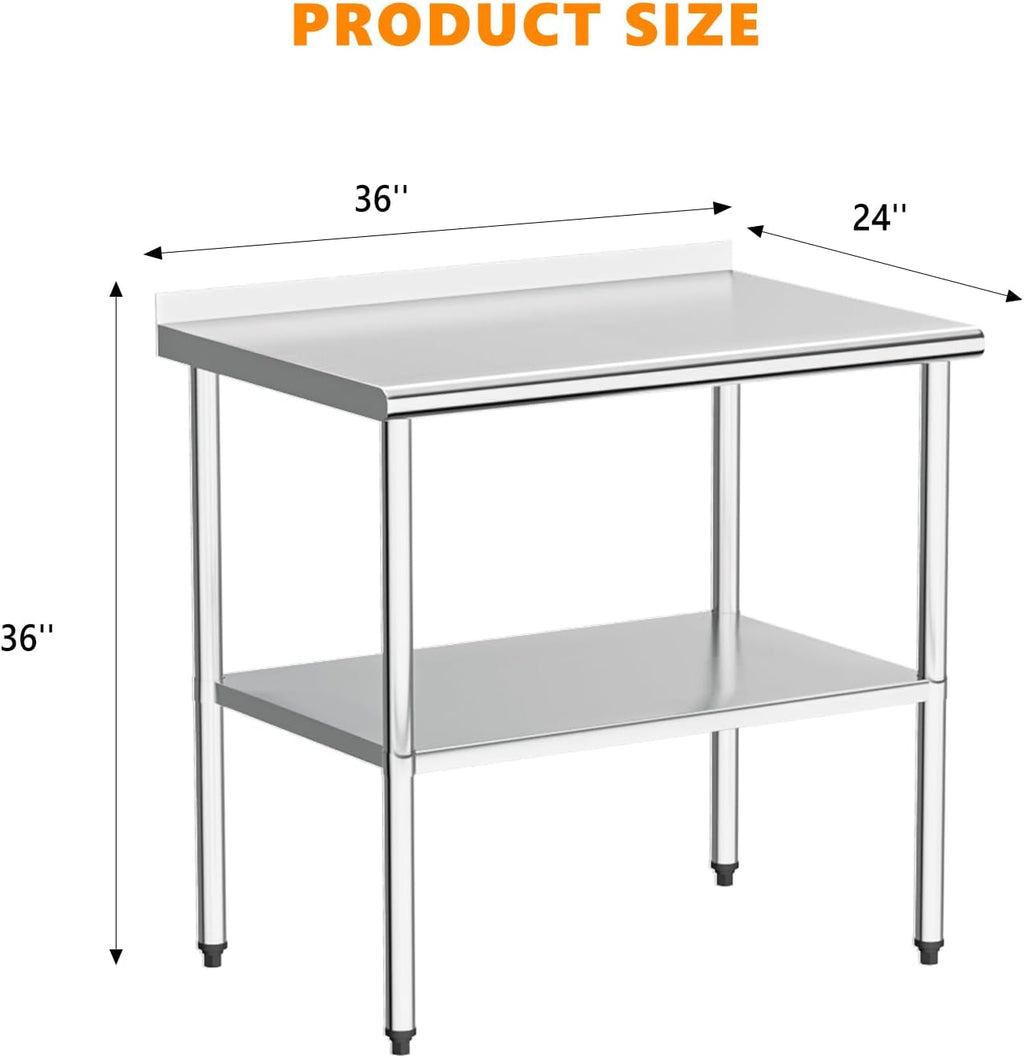 ROVSUN 36'' x 24'' Stainless Steel Table for Prep & Work,Commercial Worktables & Workstations, NSF Heavy Duty Metal Table with Adjustable UnderShelf & Backsplash for Kitchen, Restaurant,Home,Hotel