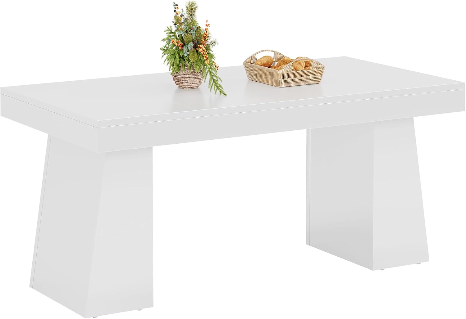Tribesigns 55-Inch Dining Room Table for 4, Mid-Century Modern Dining Table with Double Pedstral, Rectangular Wood Kitchen Dinner Tables for Dining Room, Kitchen, Home, White (Only Table)