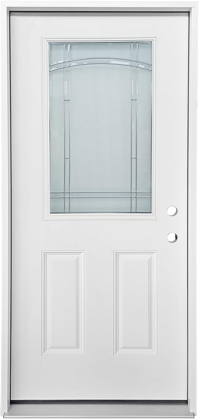 Durable 36 in. x 80 in. Composite Fiberglass Entry Door – 1/2 Lite 2-Panel Decorative Glass, Prehung Exterior Front Door, Left-Hand Inswing, Finished White, Ready to Install