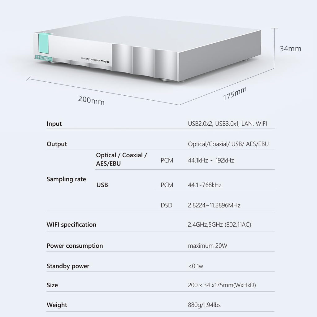 SMSL N100 Hi-Res Network Streamer New DAC chip Supports Connect VOLUMIO Tidal and QOBUZ Output Optical/Coaxial/AES/EBU/USB, Input USB2.0/USB3.0/ LAN/WiFi, Home Theater Audio Stereo System Streamer