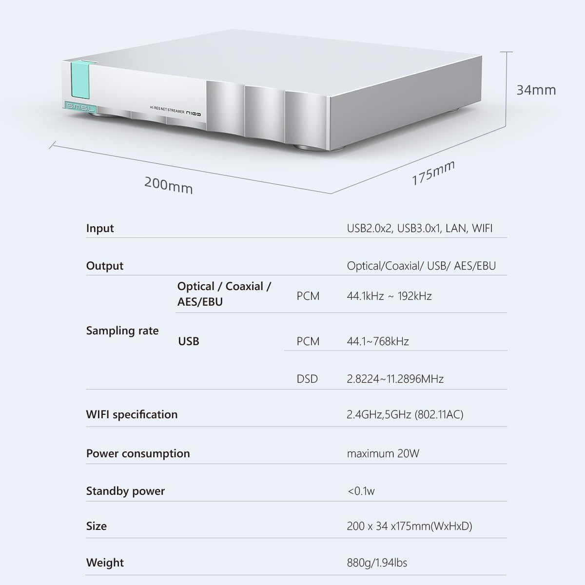 SMSL N100 Hi-Res Network Streamer New DAC chip Supports Connect VOLUMIO Tidal and QOBUZ Output Optical/Coaxial/AES/EBU/USB, Input USB2.0/USB3.0/ LAN/WiFi, Home Theater Audio Stereo System Streamer