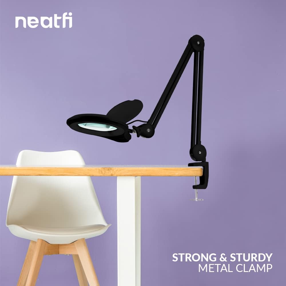 Neatfi LED Bifocal Magnifying Lamp 1,200 Lumens – 5' Glass Lens, Dual Magnification 2.25X/6X, Dimmable | Adjustable Arm with Clamp | Crafting, Jewelry & Reading (5 Diopter + 20 Diopter, Black)