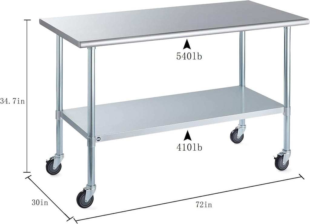 ROCKPOINT Stainless Steel Table for Prep & Work with Caster Wheels 30x72 Inches, NSF Metal Commercial Kitchen Heavy Duty Table with Adjustable Under Shelf and Table Foot for Restaurant, Home and Hotel