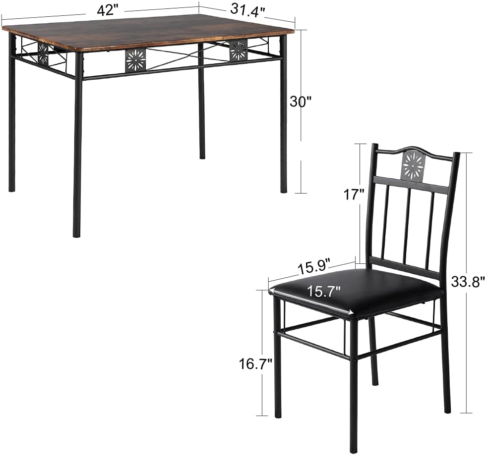 VECELO Dining Table Set with 4 Chairs, Retro Brown
