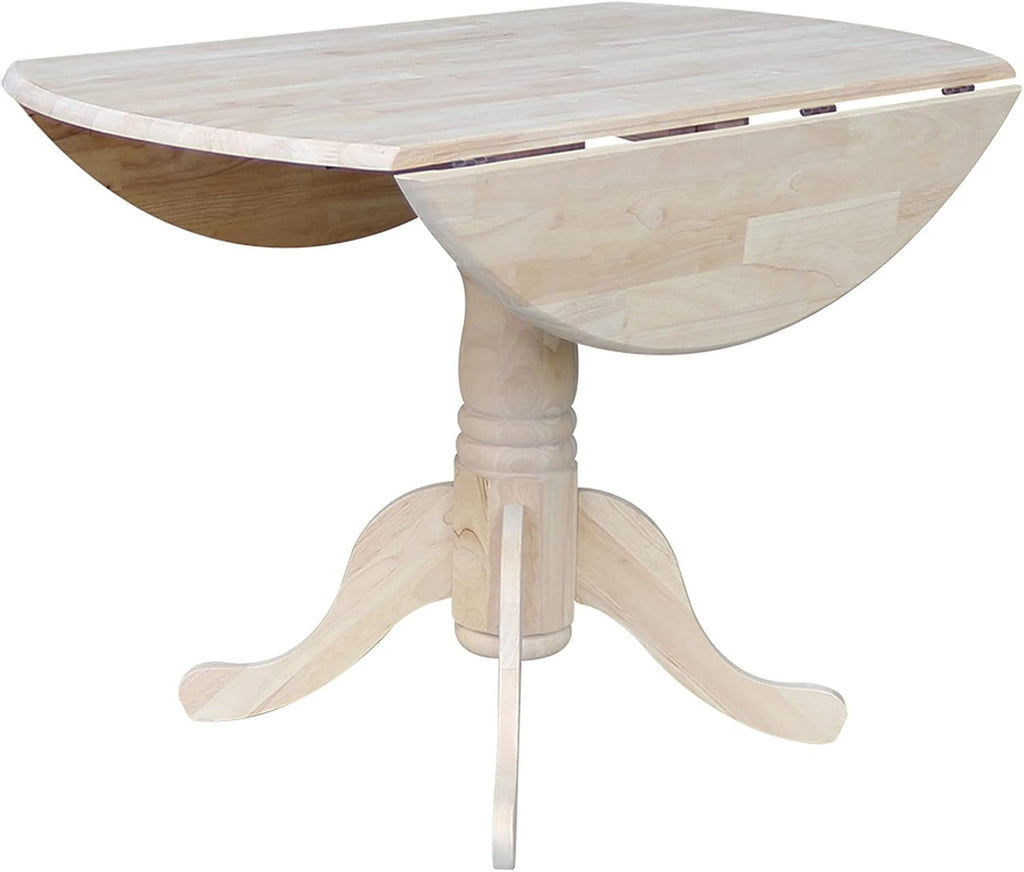 IC International Concepts, Round Dual Drop Leaf Pedestal Dining Table, Solid Real Wood, Sturdy Parawood, Dimensions 42'D x 42'W x 29.5'H, 40lbs Capacity, Paint/Stain Ready, Unfinished