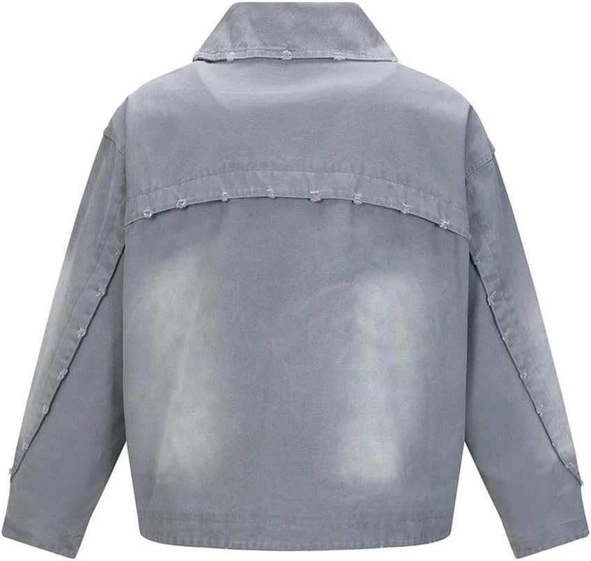 Fulbant Men Metal Rivet High Street American Jacket With Pockets Washed Fall Outerwear Casual Zipper Coat