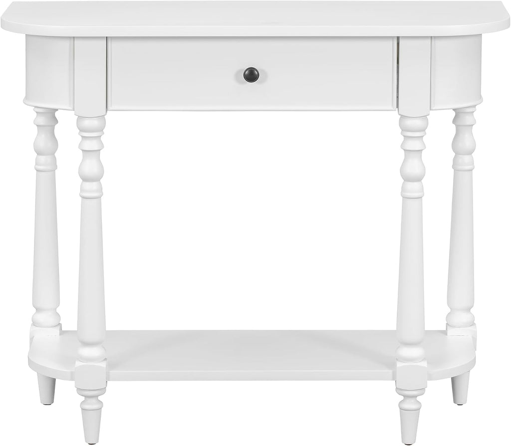 LKTART Solid Wood Corner-Curved Console Table,Farmhouse Space-Saving Entryway Sofa Table with Drawer & Open Shelf for Living Room,Hallway,Foyer(White 36')