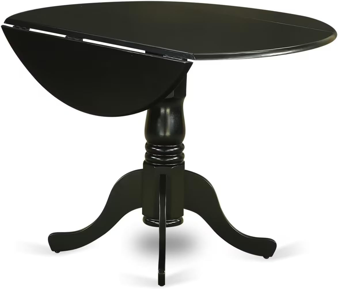 East West Furniture DLT-BLK-T Dining Room Table - a Round Top with 2 Drops Leaf and Pedestal Leg, 42x29.5 Inch, Black Finish