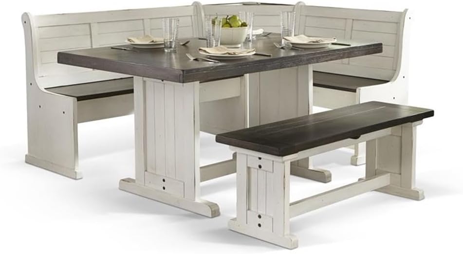Pemberly Row Wood Breakfast Nook Set, Off White and Dark Brown Finish, Mahogany Base, Hidden Storage Benches, Reversible Design, Two-Toned European Cottage Style Dining Set for Small Spaces